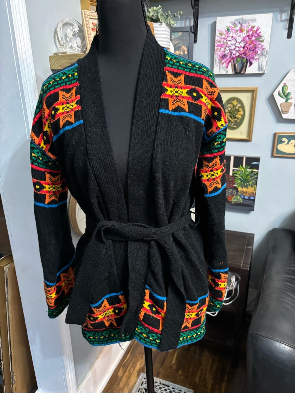 Vtg skiva open cardigan bell sleeve womens sweater rainbow Aztec black L